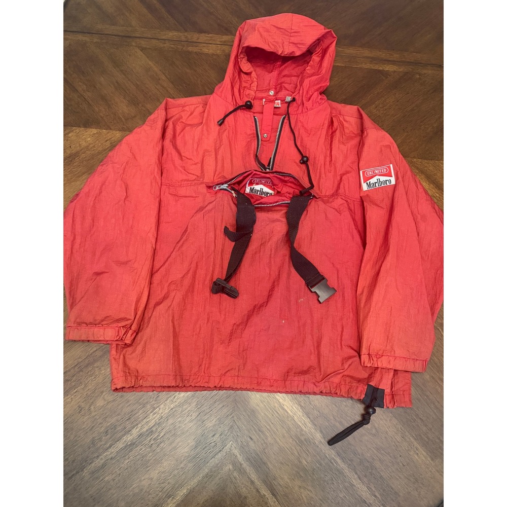 Vintage Marlboro Unlimited Red Nylon Anorak Windbreaker Fanny Pack Jacket Large